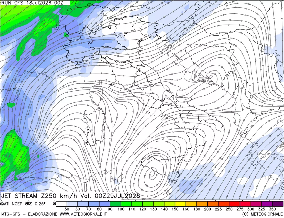 mappa 250 hPa Jet stream