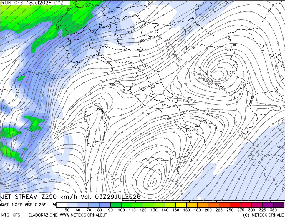 mappa 250 hPa Jet stream