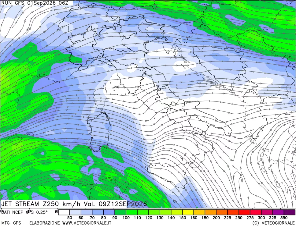mappa 250 hPa Jet stream