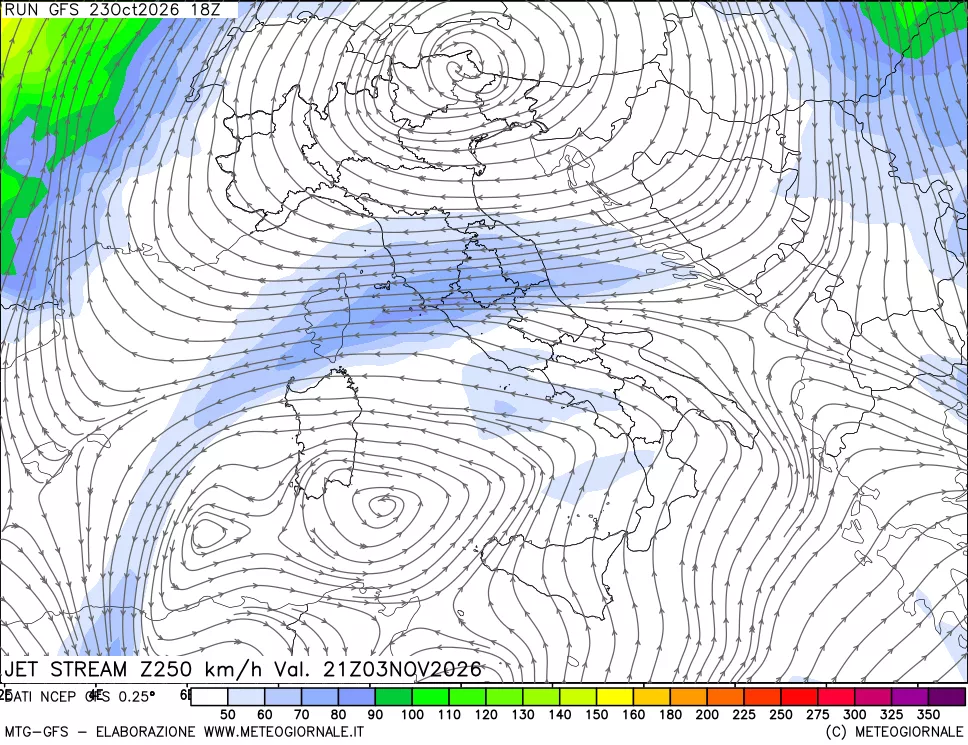 mappa 250 hPa Jet stream