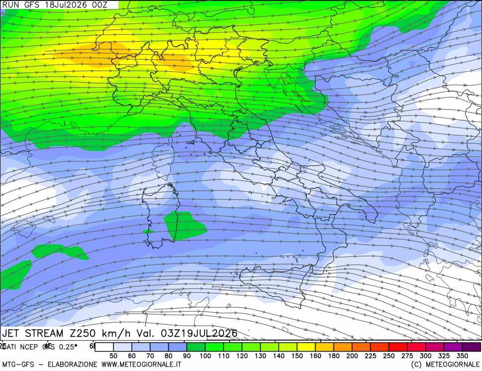 mappa 250 hPa Jet stream