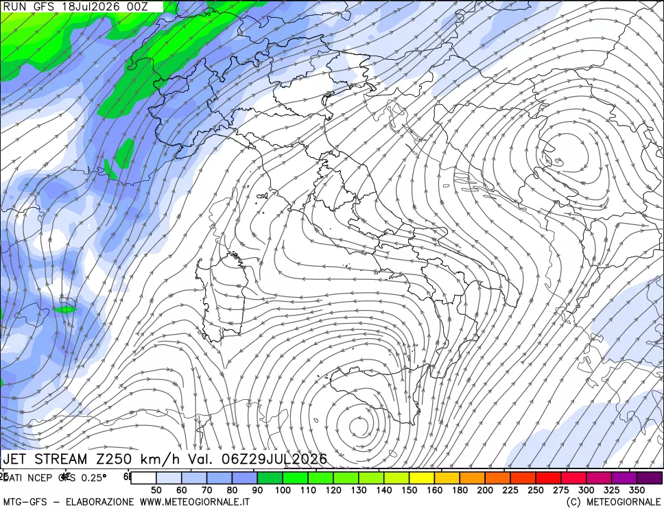 mappa 250 hPa Jet stream