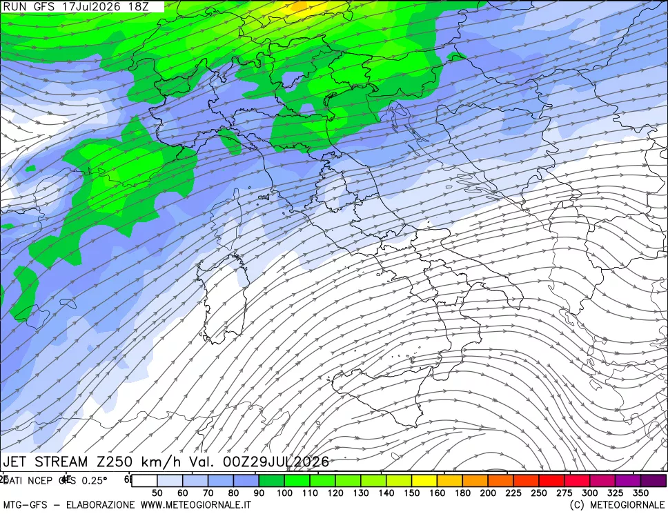 mappa 250 hPa Jet stream