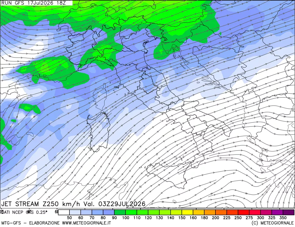 mappa 250 hPa Jet stream