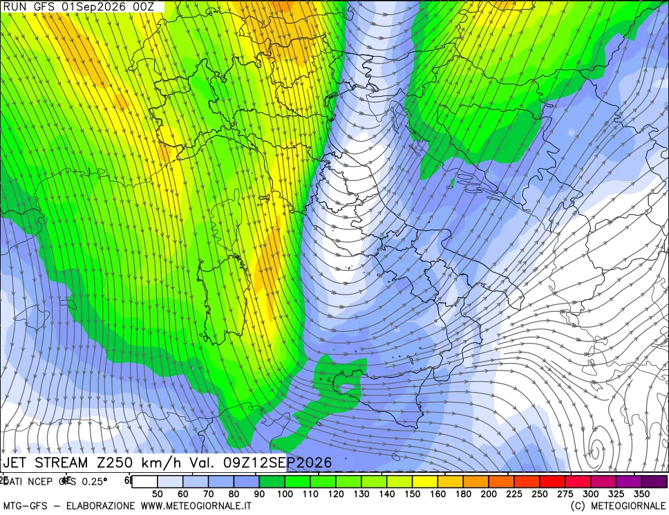mappa 250 hPa Jet stream