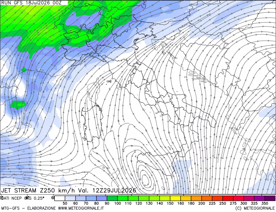 mappa 250 hPa Jet stream