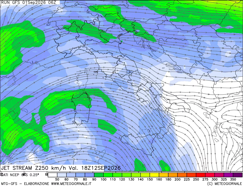 mappa 250 hPa Jet stream
