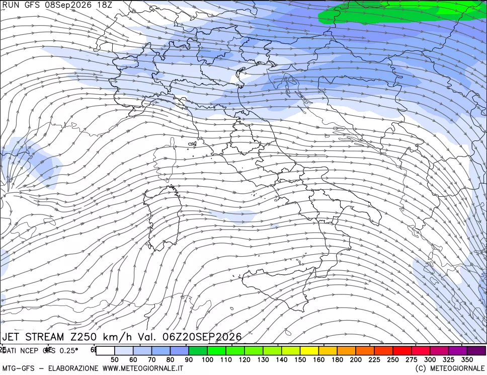mappa 250 hPa Jet stream