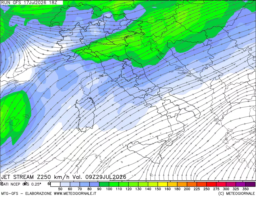 mappa 250 hPa Jet stream
