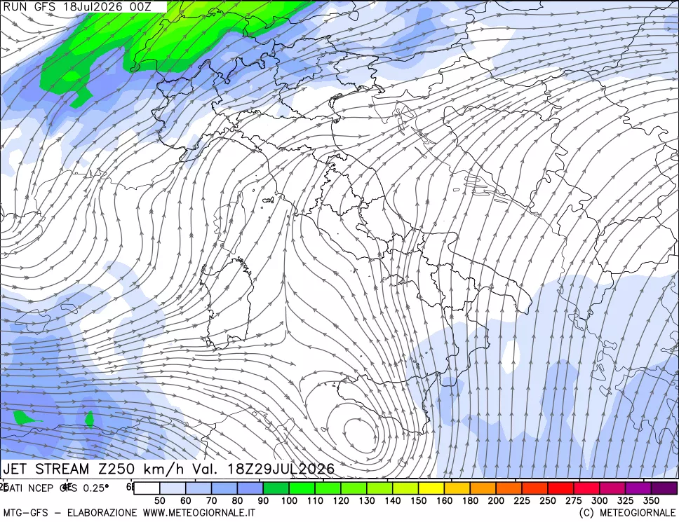 mappa 250 hPa Jet stream