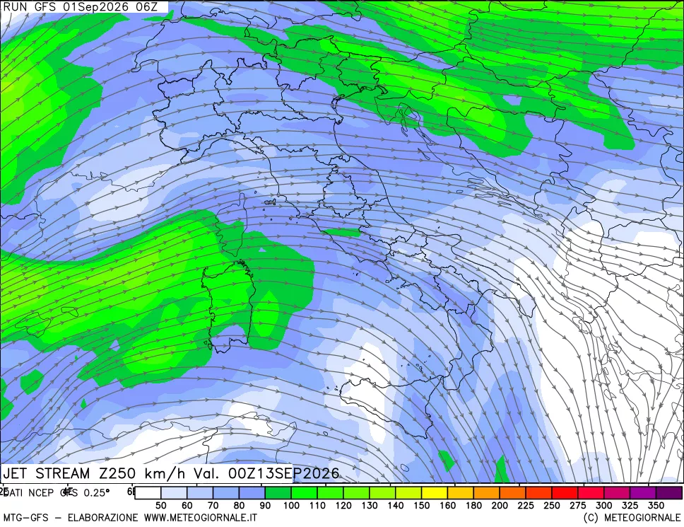 mappa 250 hPa Jet stream