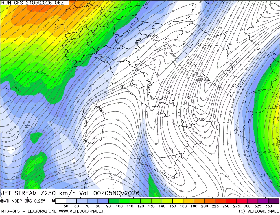 mappa 250 hPa Jet stream