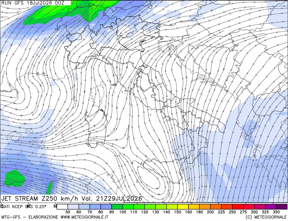 mappa 250 hPa Jet stream