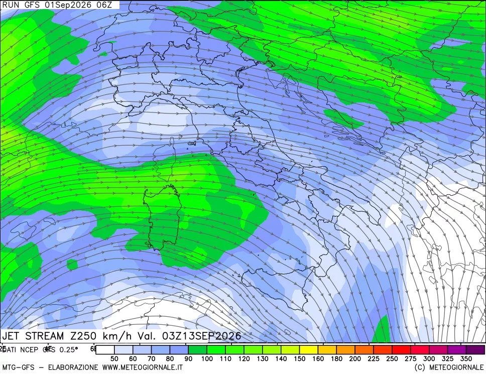 mappa 250 hPa Jet stream