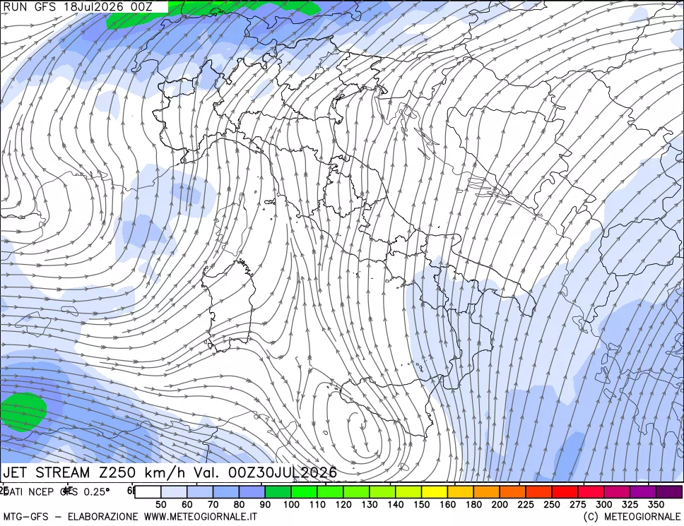 mappa 250 hPa Jet stream