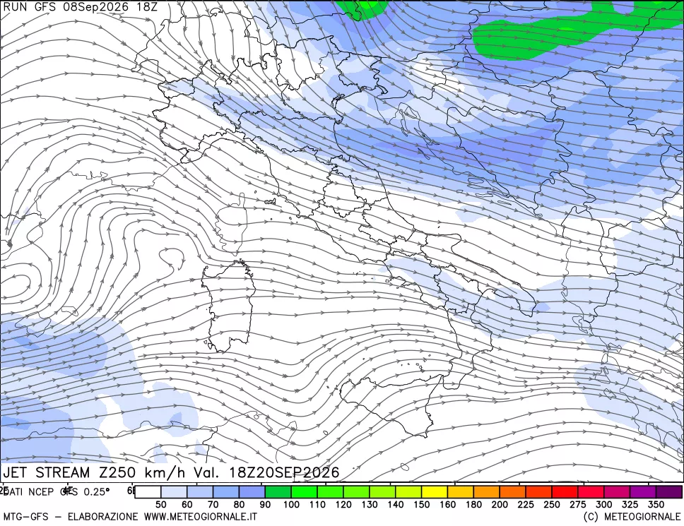 mappa 250 hPa Jet stream
