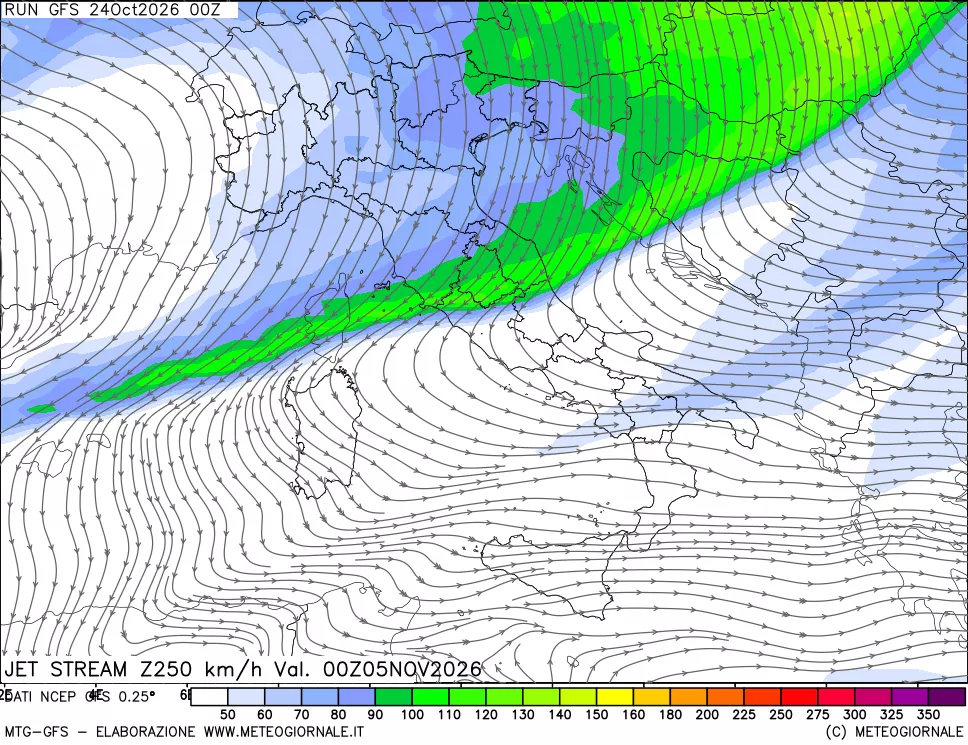mappa 250 hPa Jet stream