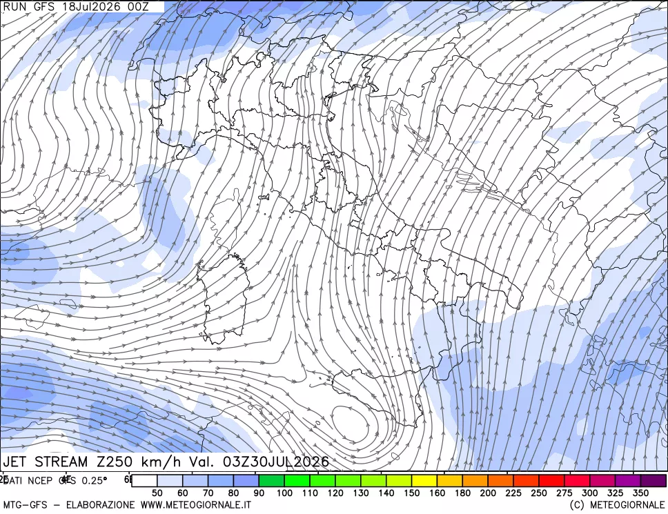 mappa 250 hPa Jet stream