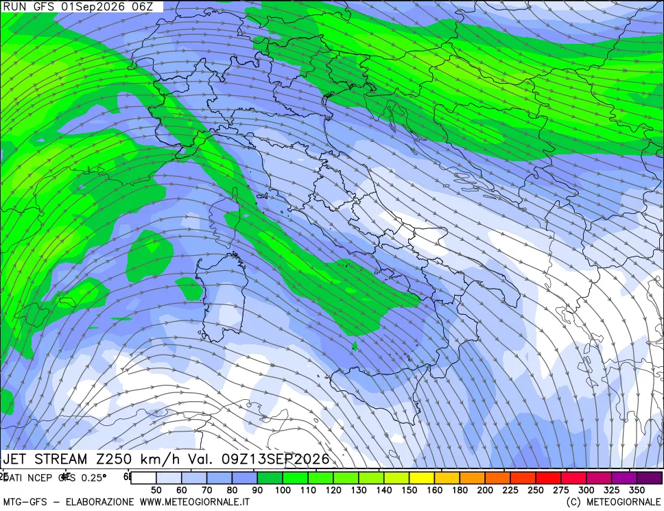 mappa 250 hPa Jet stream