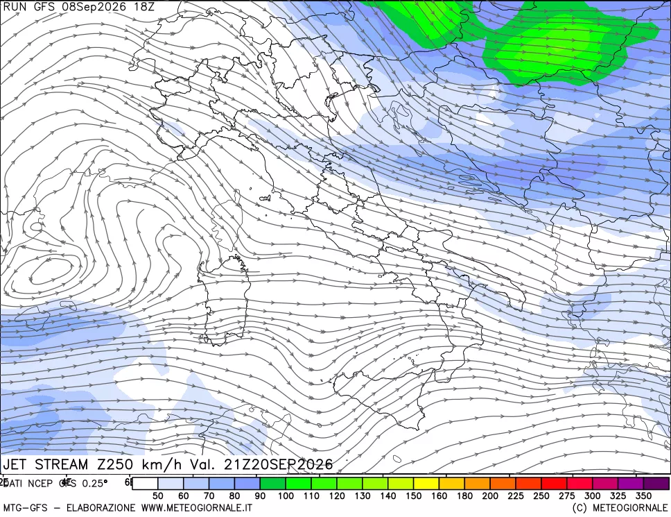 mappa 250 hPa Jet stream