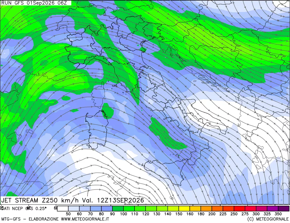 mappa 250 hPa Jet stream