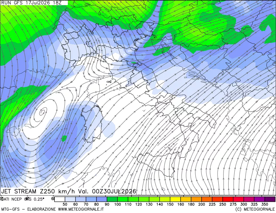 mappa 250 hPa Jet stream