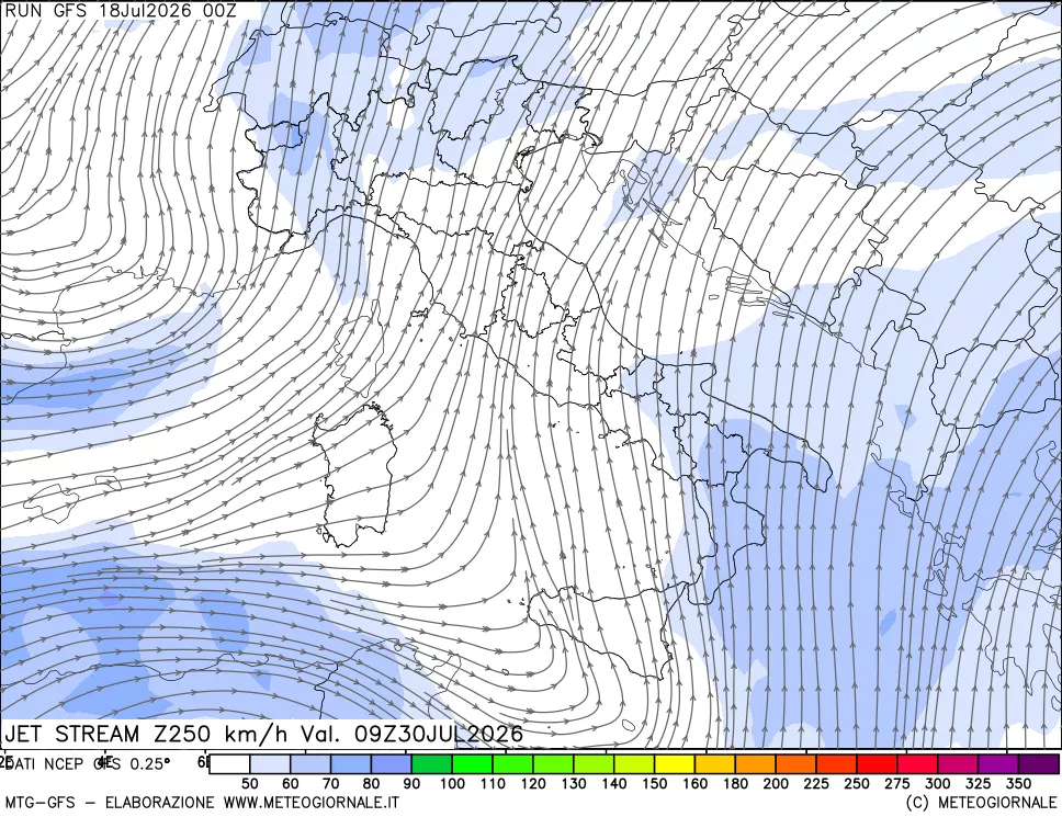 mappa 250 hPa Jet stream