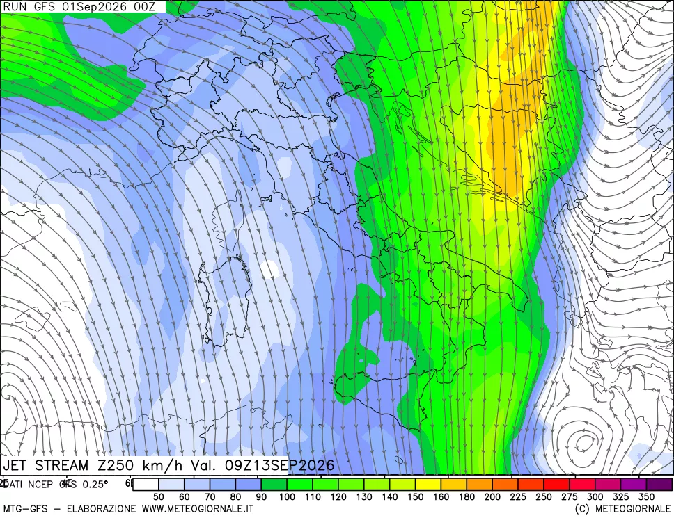mappa 250 hPa Jet stream