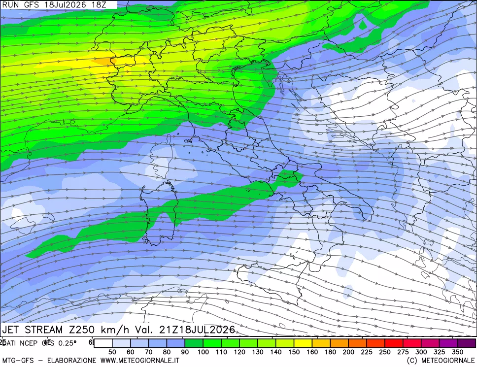 mappa 250 hPa Jet stream