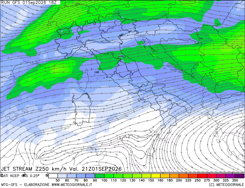 mappa 250 hPa Jet stream