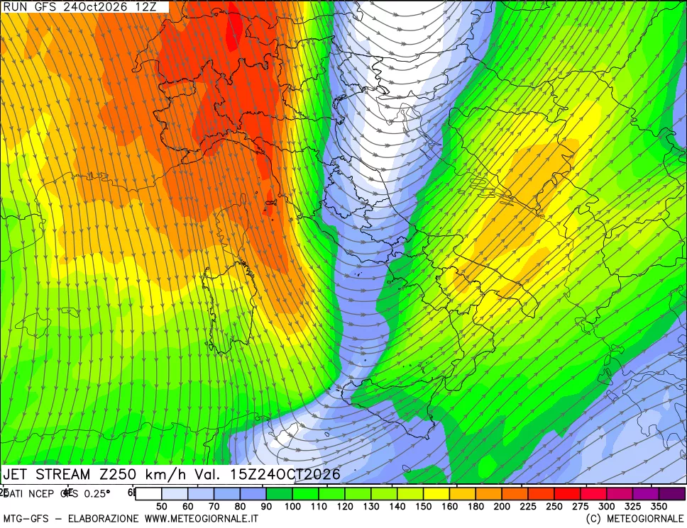 mappa 250 hPa Jet stream