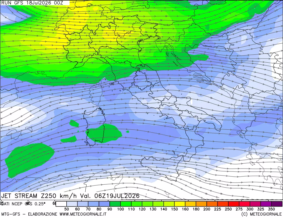 mappa 250 hPa Jet stream