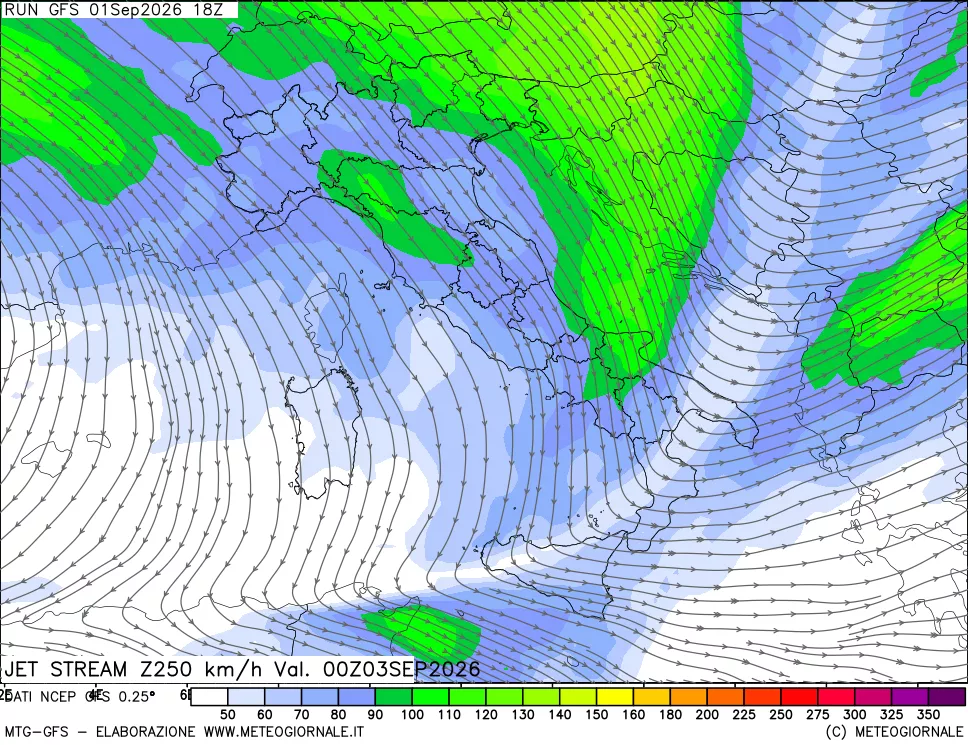 mappa 250 hPa Jet stream