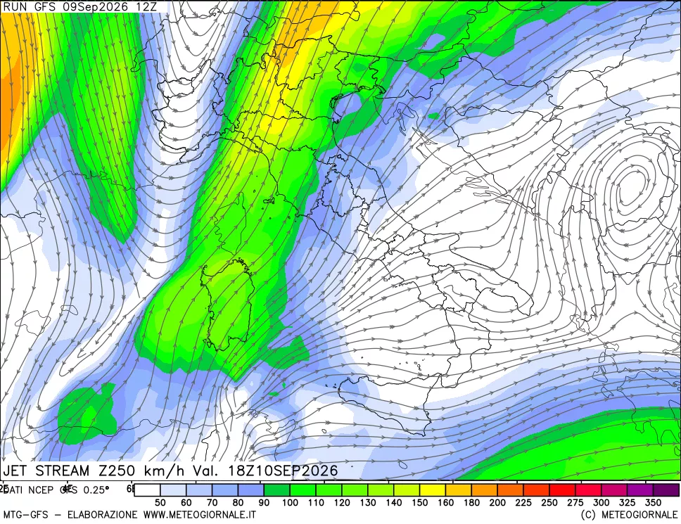 mappa 250 hPa Jet stream
