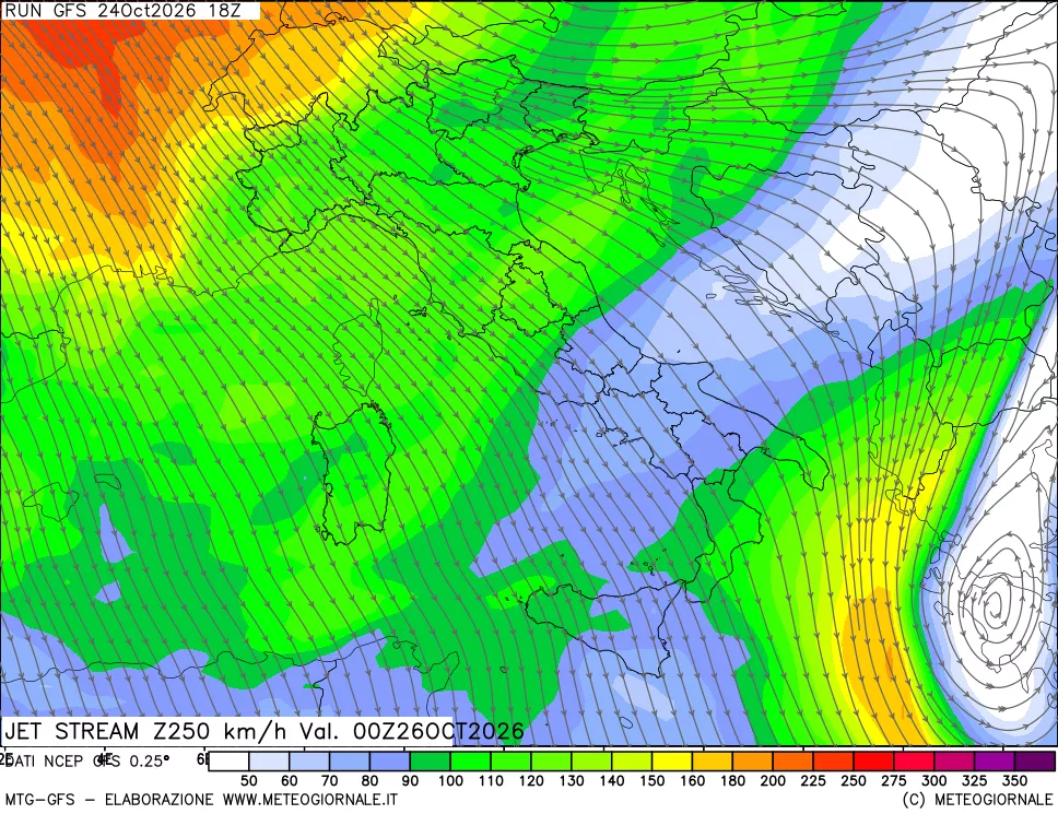 mappa 250 hPa Jet stream