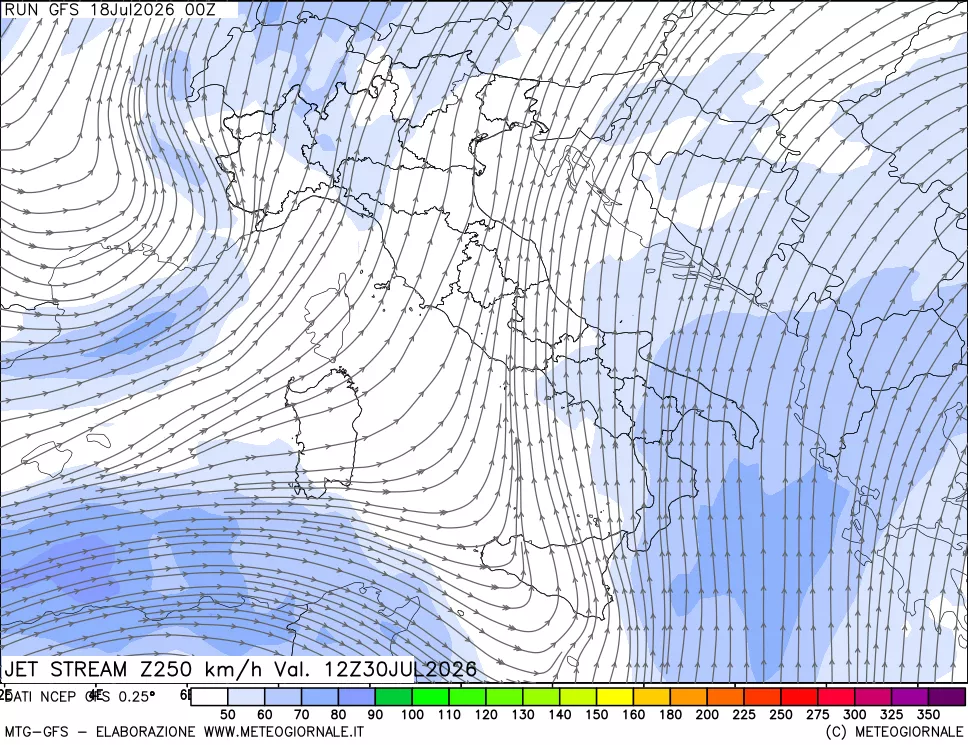 mappa 250 hPa Jet stream
