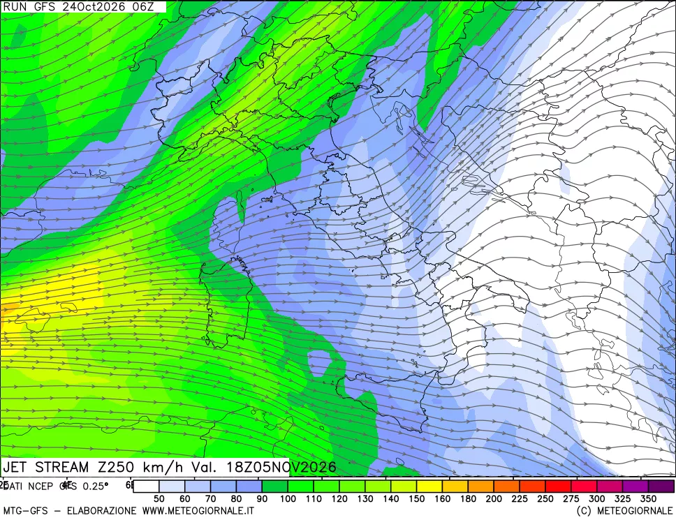 mappa 250 hPa Jet stream
