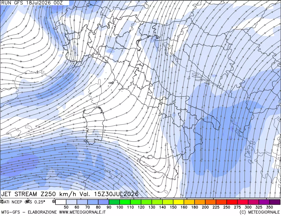 mappa 250 hPa Jet stream