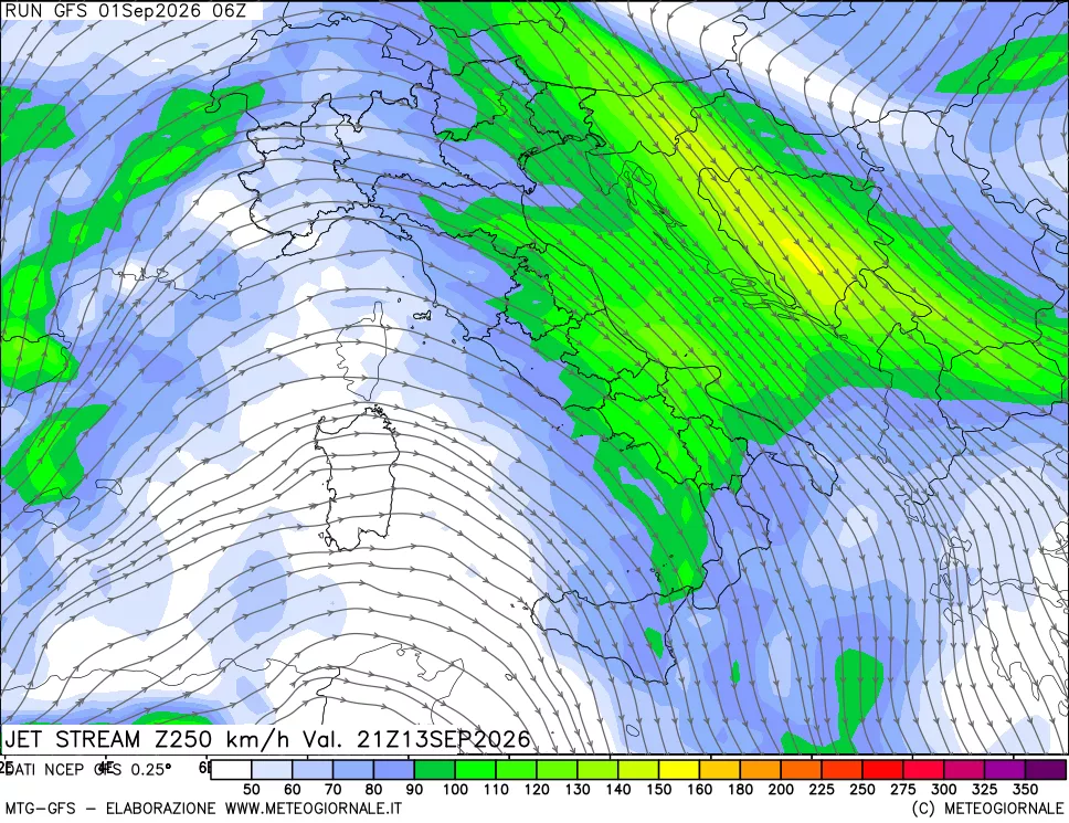 mappa 250 hPa Jet stream