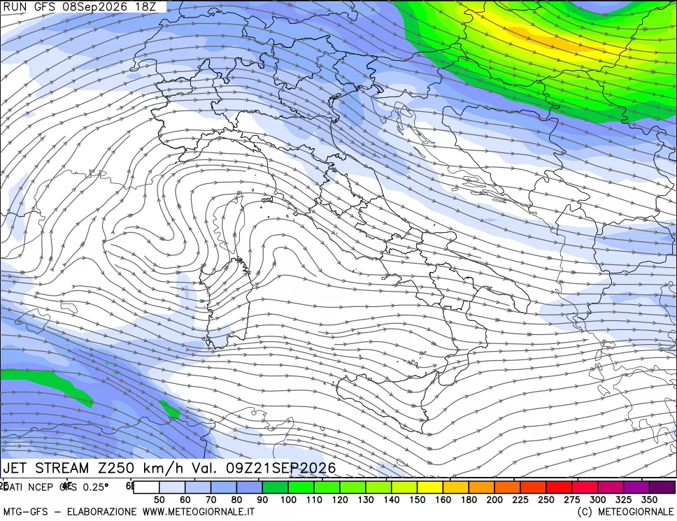mappa 250 hPa Jet stream