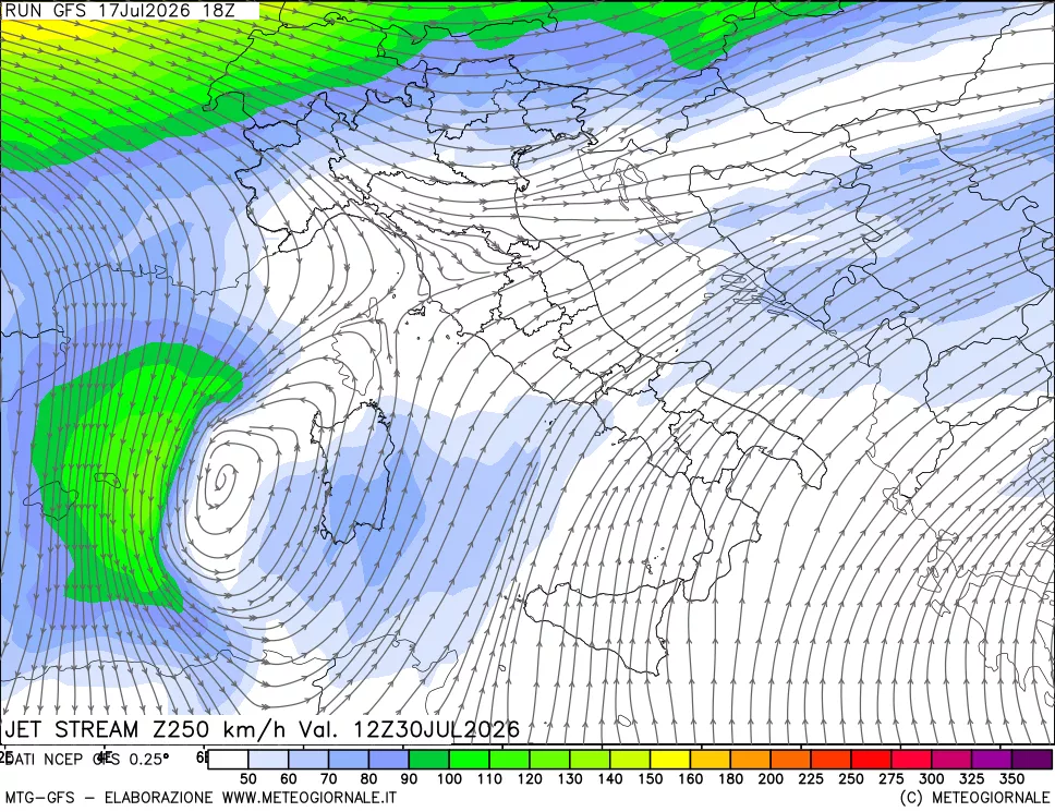 mappa 250 hPa Jet stream