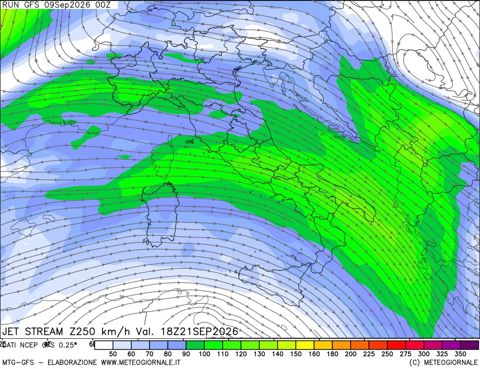 mappa 250 hPa Jet stream