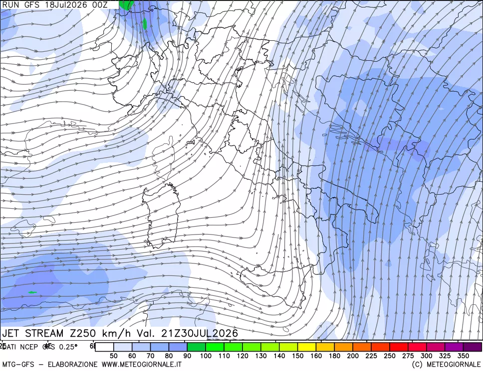 mappa 250 hPa Jet stream
