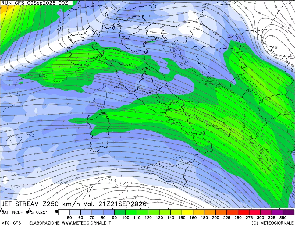 mappa 250 hPa Jet stream