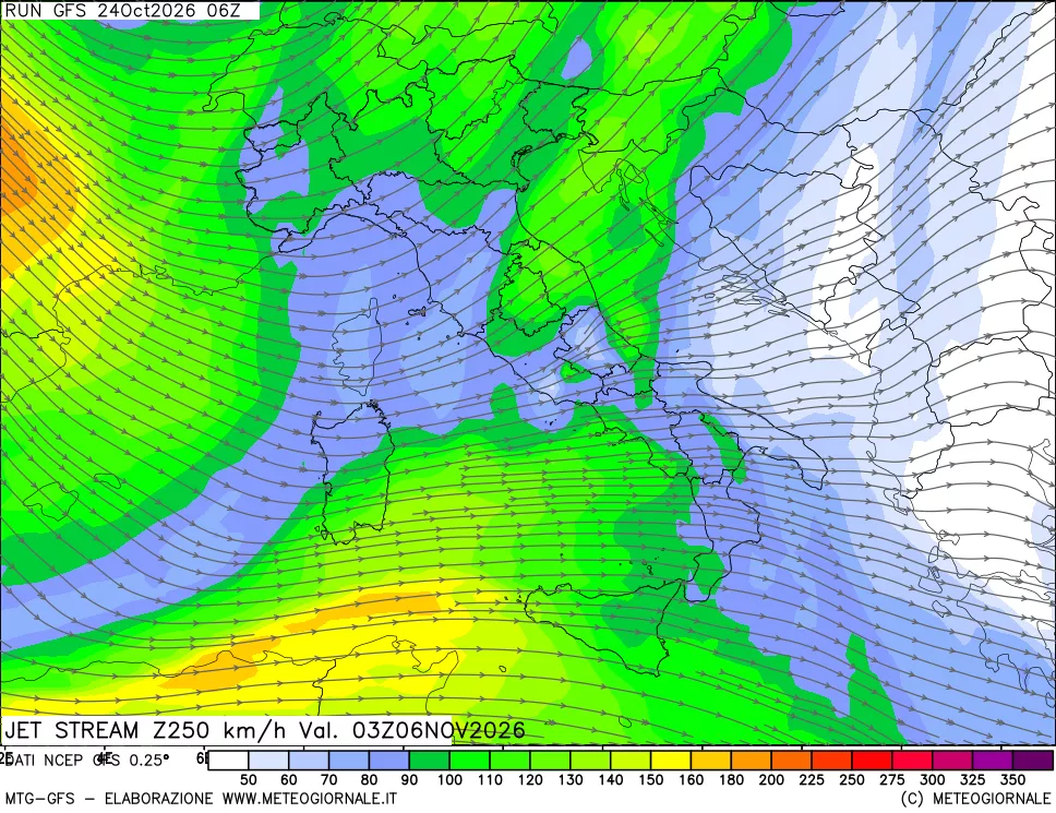 mappa 250 hPa Jet stream