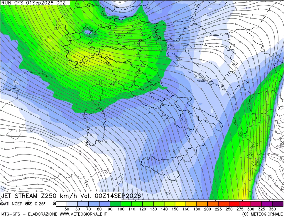 mappa 250 hPa Jet stream