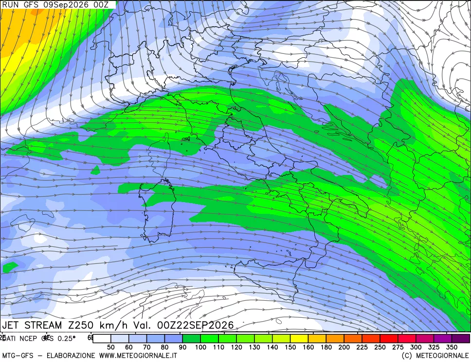 mappa 250 hPa Jet stream