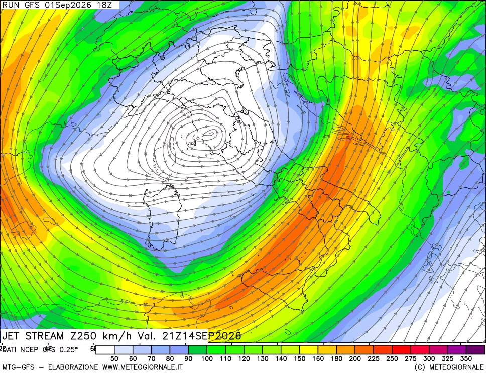 mappa 250 hPa Jet stream