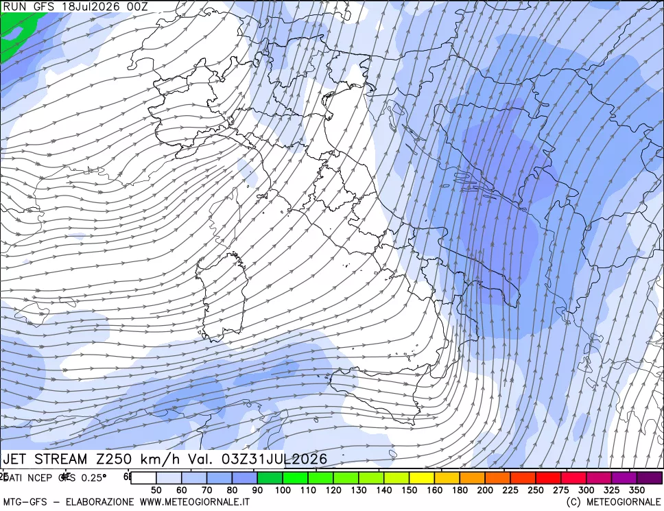 mappa 250 hPa Jet stream