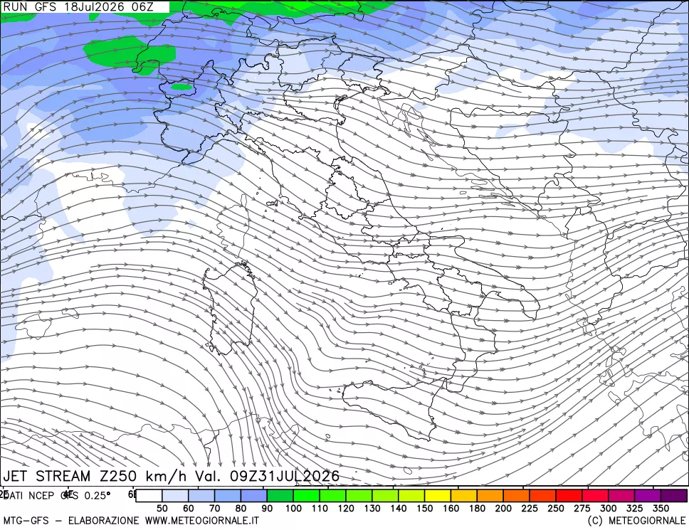 mappa 250 hPa Jet stream